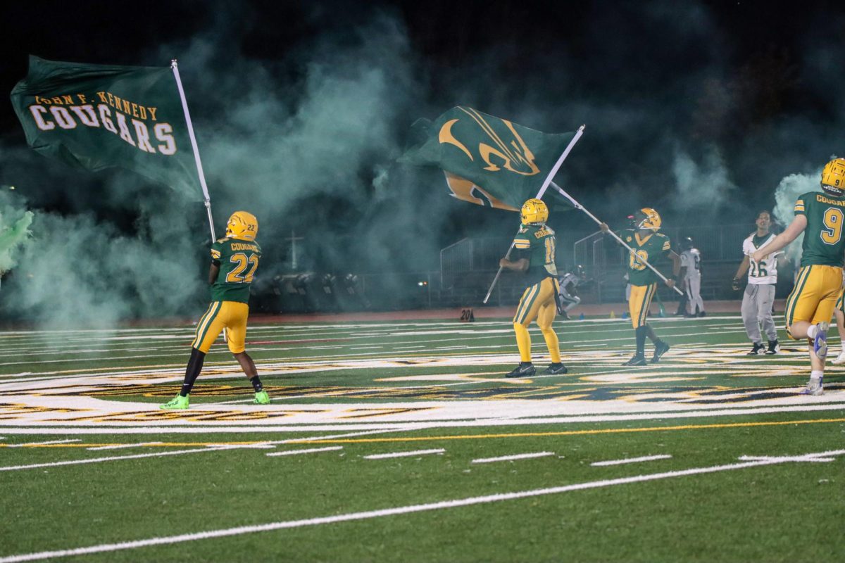 #22 Termir Knox, #11 David Lewis waving Kennedy flags after running out of the tunnel  