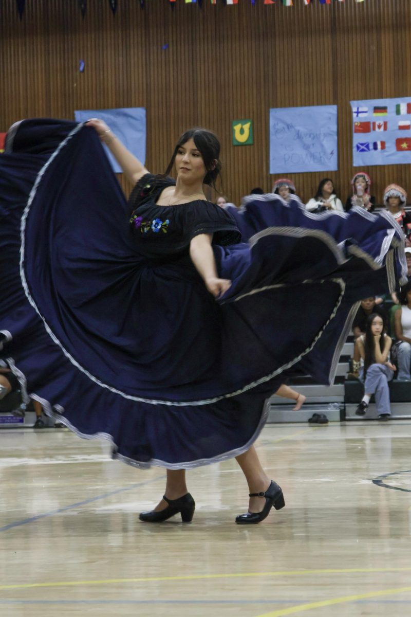 A dancer from Brown Issues Club performing at the Multicultural rally on Friday March 20 at the Kennedy Gym. This was the traditional dance, the folklorico. 