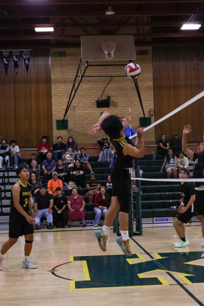 Senior Troy Vue went up for a spike during the third set on Tuesday April 28. This was one of many spikes he had that night.